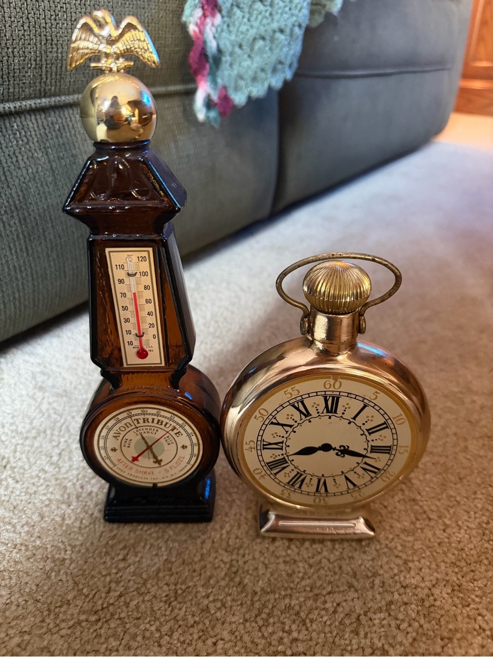Gold Pocket watch Table Clock and Brown Vintage Barometer Avon Perfume bot